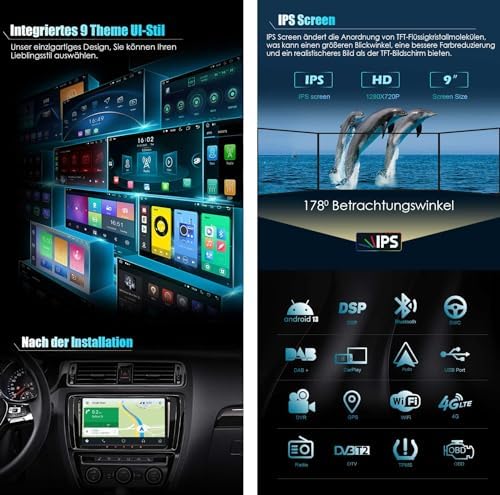 Autoradio Erisin 9 Pouces Android 13 pour VW T5 Polo Passat Golf 5/6 Touran Tiguan Caddy - GPS, Bluetooth, CarPlay sans Fil, Android Auto – Image 2